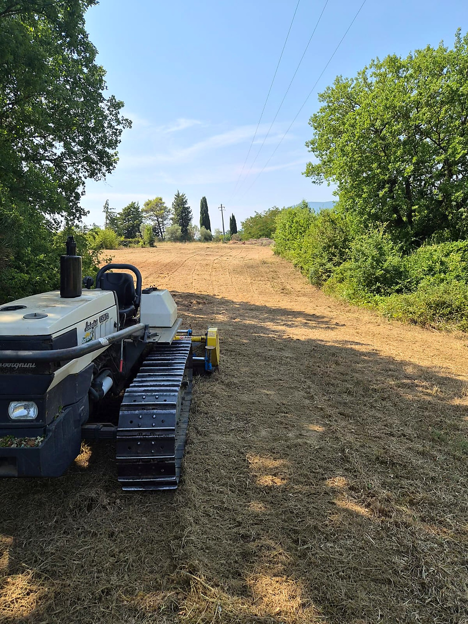 Trattore cingolato con trincia su una fascia di terreno appena ripulita e livellata
